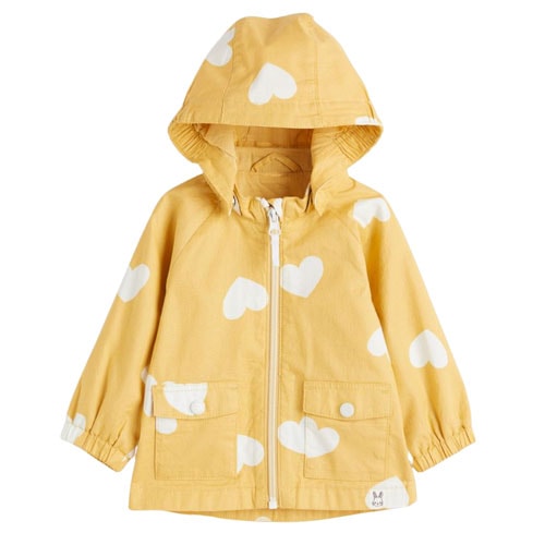 yellow toddler hooded jacket with white heart pattern