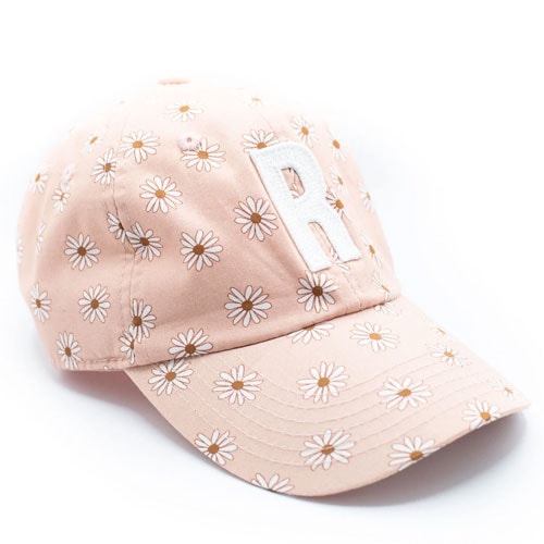 pink daisy print kids baseball hat with monogrammed letter "R"