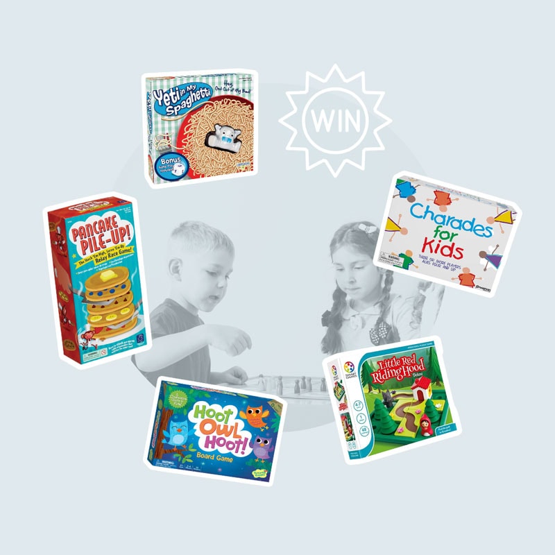 graphic with board games for preschoolers on a light blue background