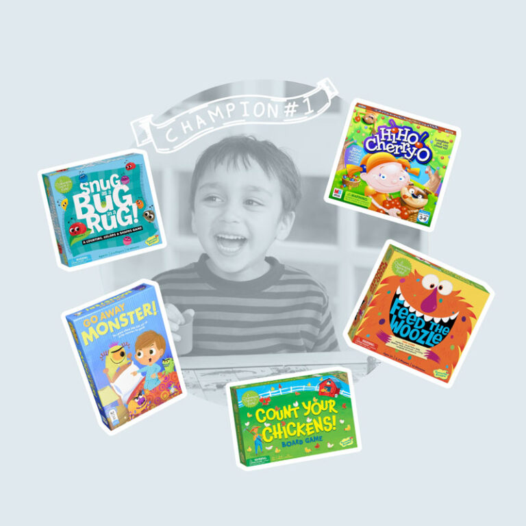 graphic featuring board games for toddlers on a light blue background