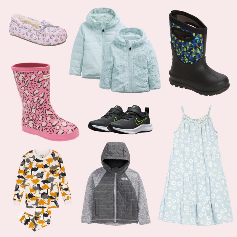 roundup of kids' shoes and apparel on a light pink background