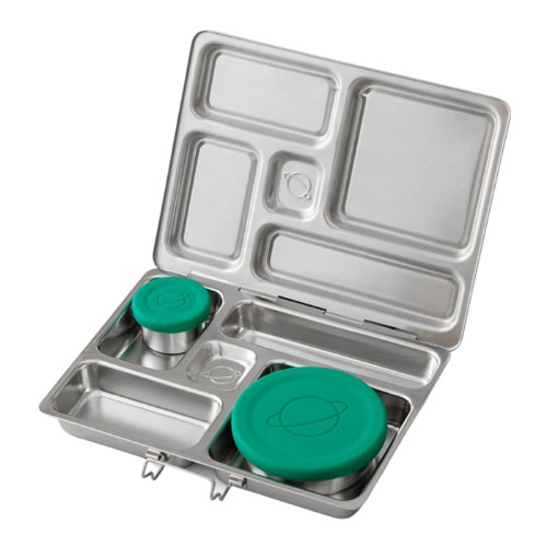 stainless steel kids bento box with two round green containers inside
