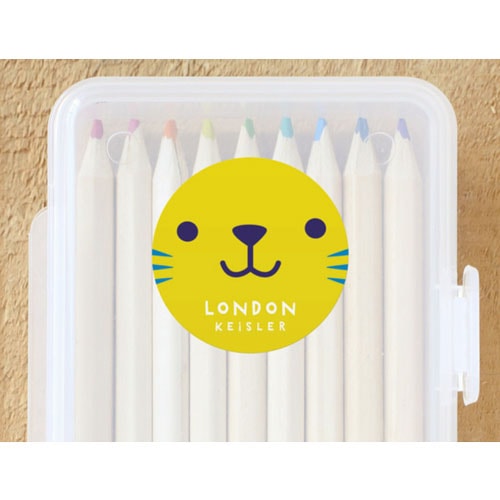 transparent white container with colored pencils with a yellow cat faced name label sticker from minted