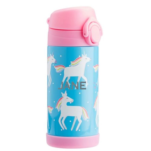 insulated blue water bottle with a unicorn print, pink trim on the bottom, and a pink cover