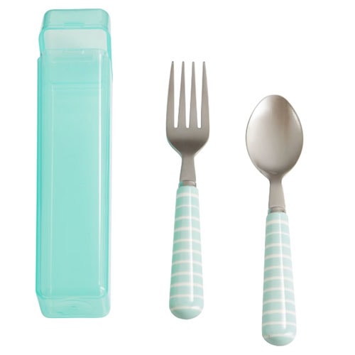 kids fork and spoon with aqua and white striped stem next to an aqua carrying case