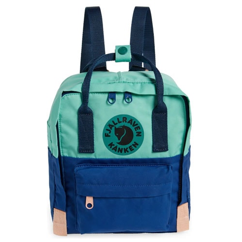 fjallraven kanken art mini backpack in aqua and royal blue with signature logo in the center of the backpack