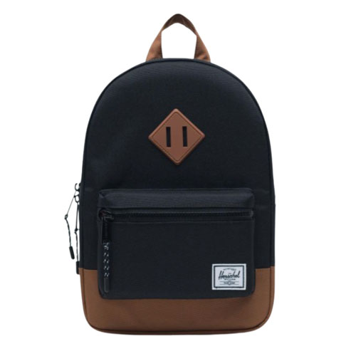 black herschel heritage backpack with signature emblem in brown and a brown base