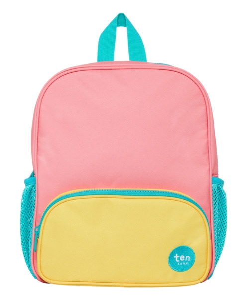 coral pink toddler backpack with a yellow front pocket and aqua trim, handle and side pockets