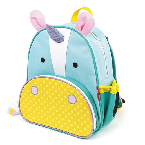 blue and yellow toddler backpack with a unicorn face, ears, and horn