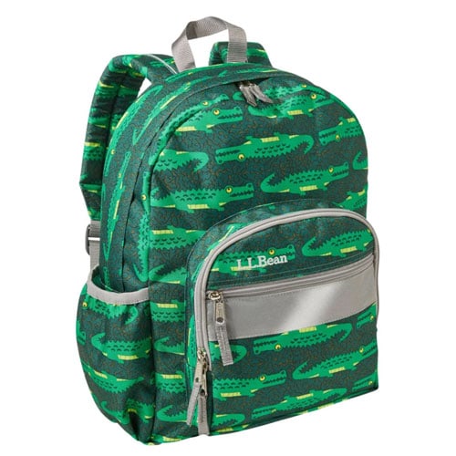 green toddler sizes backpack with an alligator print
