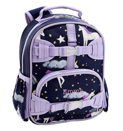 violet mini pottery barn kids backpack with a unicorn print that glows in the dark