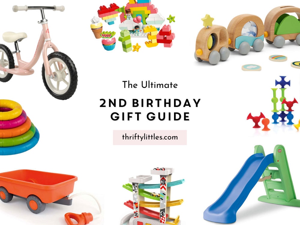 a roundup of the best toys for second birthdays with the text "The Ultimate Second Birthday Gift Guide"