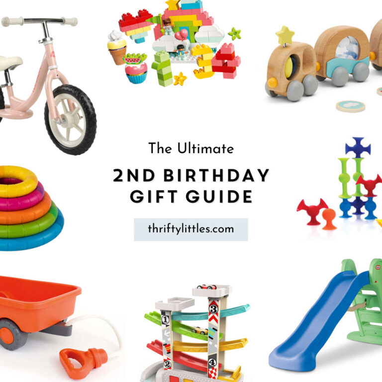 a roundup of the best toys for second birthdays with the text "The Ultimate Second Birthday Gift Guide"