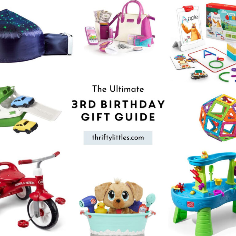 roundup of the best toys for third birthday with the text "The Ultimate Third Birthday Gift Guide"