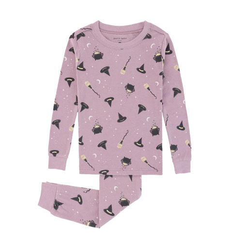 lavender long sleeve pajama set with a witch themed all over print