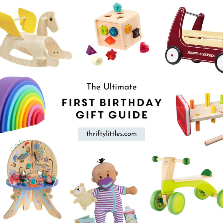 roundup of toys surrounding the text "The Ultimate First Birthday Gift Guide"