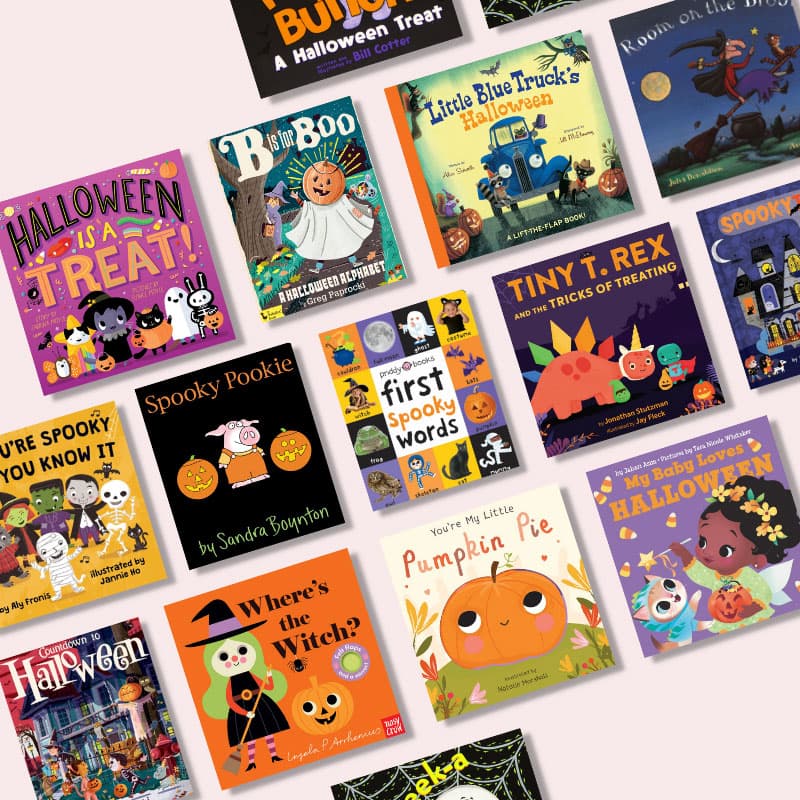 covers of Halloween board books on a pale pink background