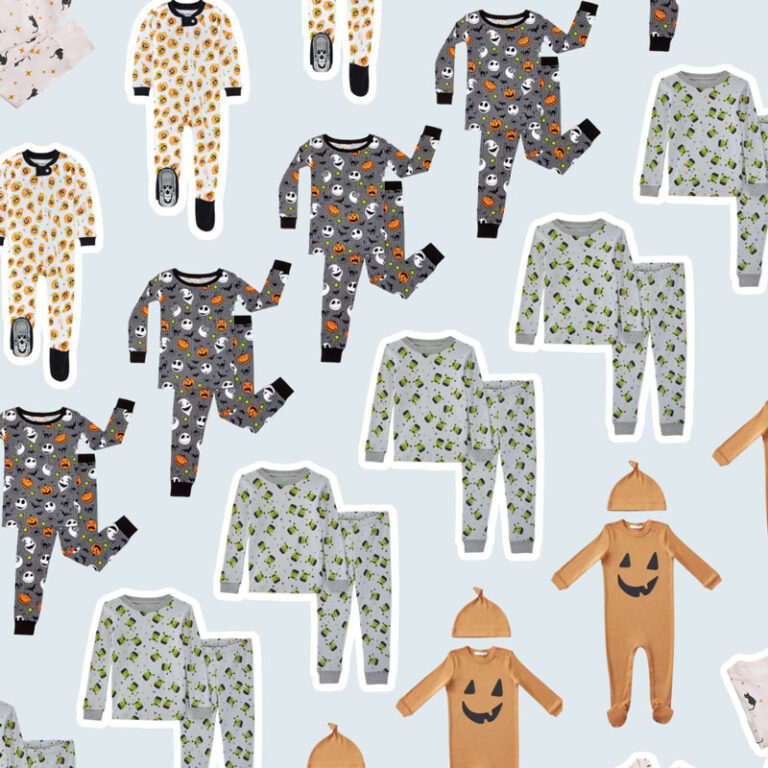diagonal repeating pattern of kids halloween pajamas on a light blue background