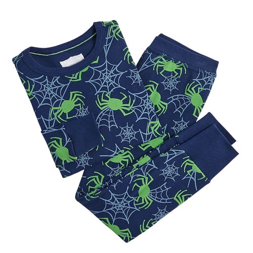 folded blue and green kids spider web printed pajama set