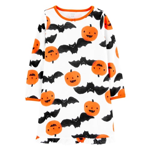 kids white nightgown with an all over print of pumpkins and bats