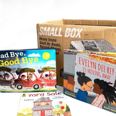a moving box and kids picture books
