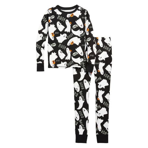 black snug fit kids pajamas with an allover ghost print and black trim 