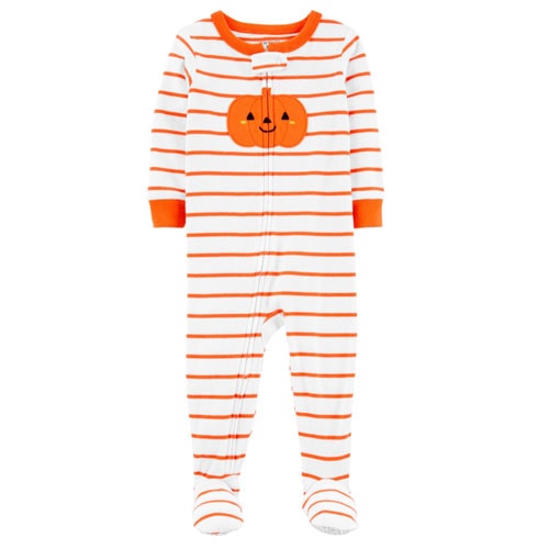white and orange striped footed zip pajamas with a smiling orange pumpkin on the chest