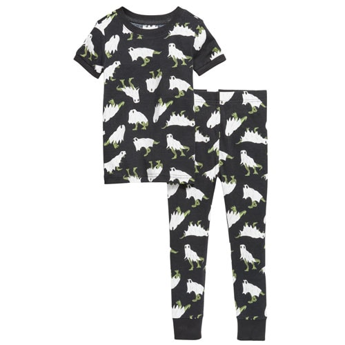 black short sleeve pajama set with an allover print of dinosaurs in ghost costumes