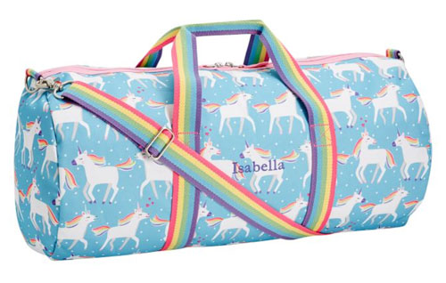 kids blue unicorn duffle bag with rainbow strap