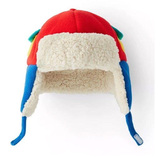 red, blue, yellow, and green baby trapper hat with off-white sherpa fleece lining