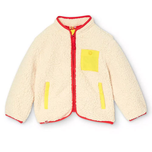 cream sherpa jacket with yellow check pocket and red zipper
