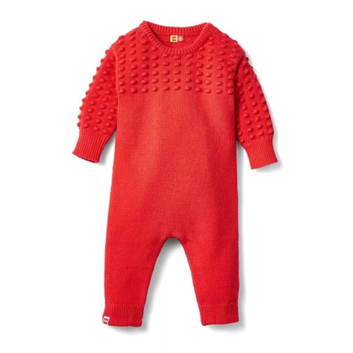 red long sleeve baby sweater romper with textured detailing