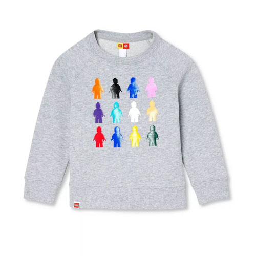 gray crew neck sweatshirt with 12 LEGO minifigure silhouettes in a rainbow of colors