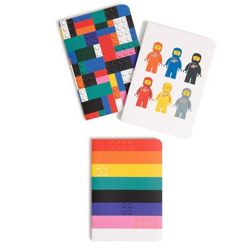 set of three mini LEGO themed journals in a rainbow of bold colors