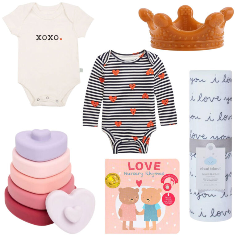 A roundup graphic with Valentine's Day product for babies