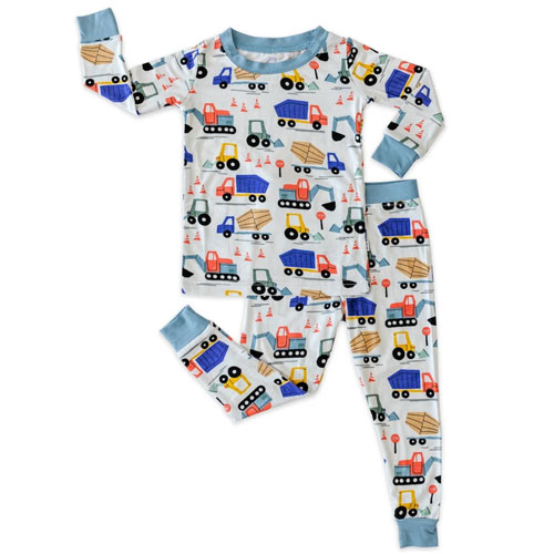long sleeve pajama set featuring tractors and trucks
