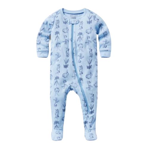 blue zip-up footie pajama in an allover bunny toile pattern