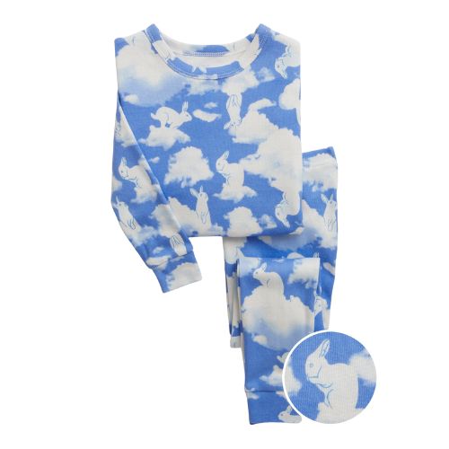 folded pajama sky blue pajama set with a close-up inset of the bunny print