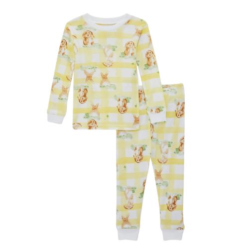 long sleeve pajama set with white trim and an allover yellow plaid print that also features Easter bunnies