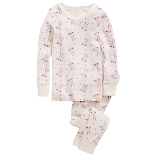 ivory long sleeve pajama set with a easter bunny print