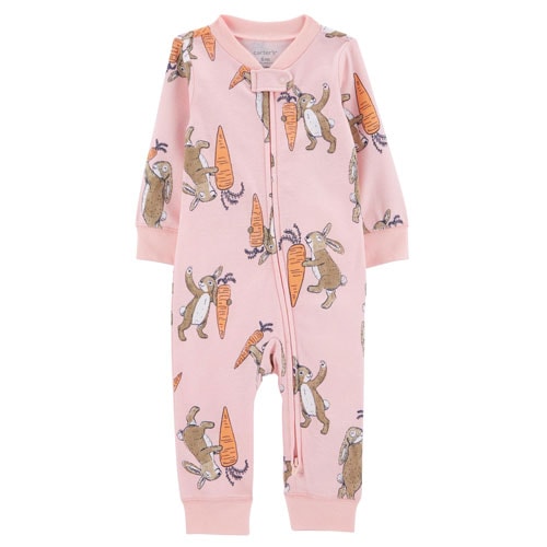 pink zip up footless sleeper with easter bunnies