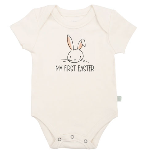 graphic cream baby bodysuit with bunny and text "My First Easter"