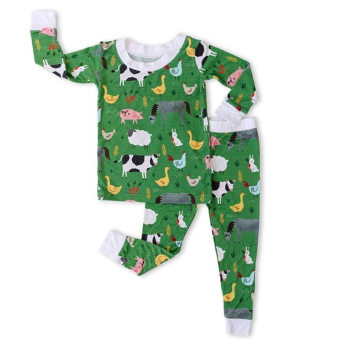 little sleepies pajamas in green with a farm animal print