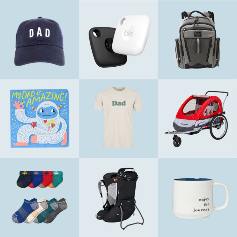 round-up of 9 gifts for a first father's day on a blue checkered background