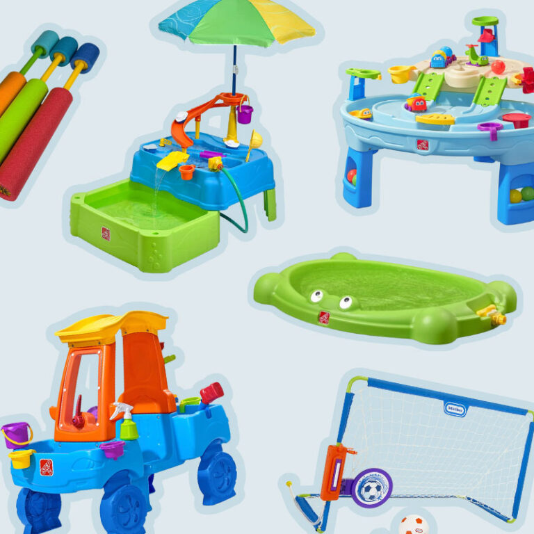 collage of water toys on a light blue background
