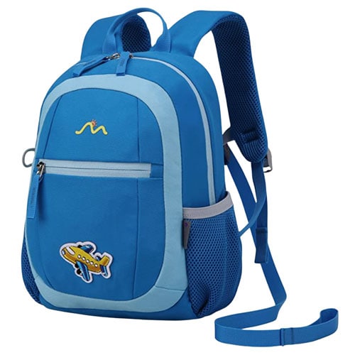 royal blue toddler sized mountaintop brand backpack with a decorate applique of a plane on the front lower pocket