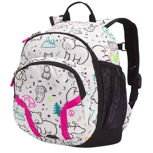 white and black toddler backpack with pink trim on the front zippered pouch and in an all-over critter camp themed print