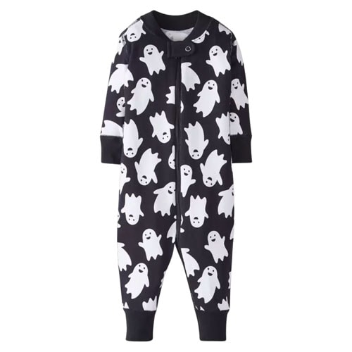 black zip sleeper pajamas with an allover print of smiling white ghosts