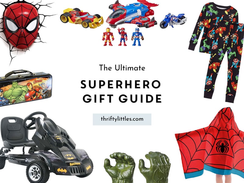round-up graphic of superhero themed gifts with the title text in the center "The Ultimate Superhero Gift Guide"