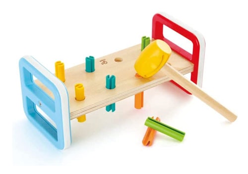 Hape wooden rainbow pounder bench with a hammer